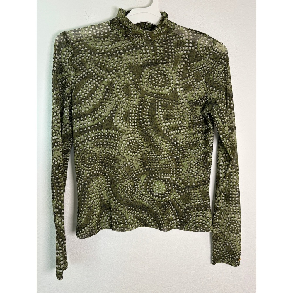 St John Sport Marie Gray Mesh Top Green Dot Abstract Mock Neck Long Sleeve S